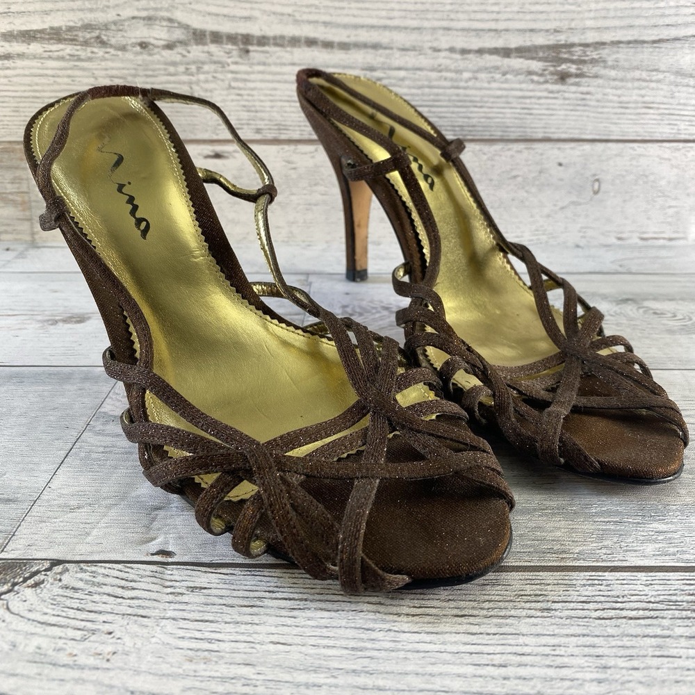 Nina Heels Womens 9 M Brown Leather Strappy Sparkle Classic Casual Boho Chic